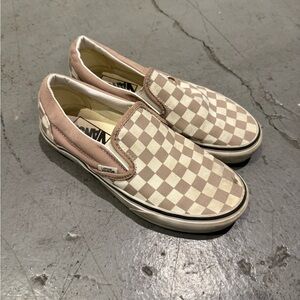 Vans Beige and Cream Checkered Slip-Ons